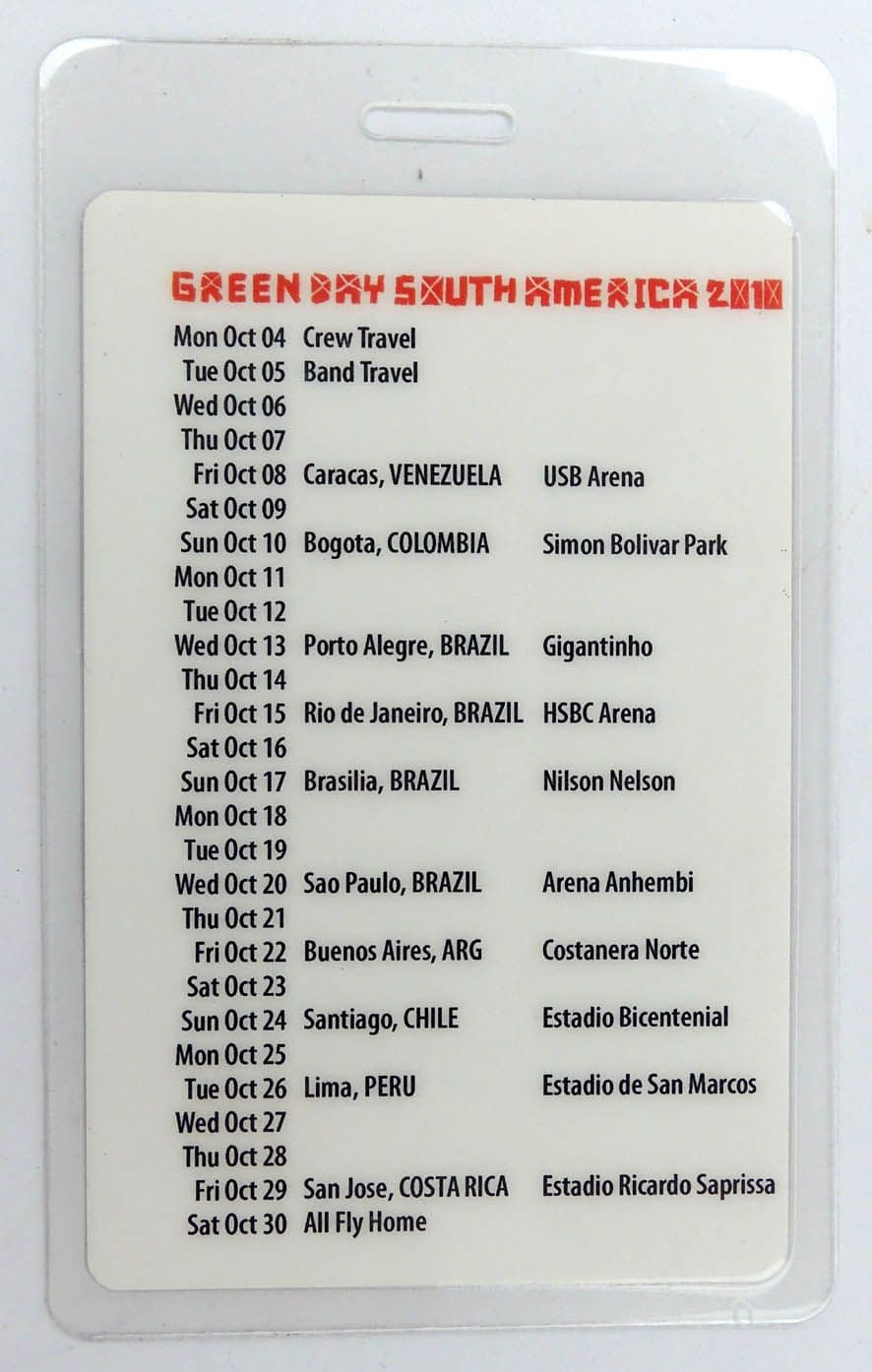 Green Day - '21st Century Breakdown Tour 2010' Laminated Backstage Pass
