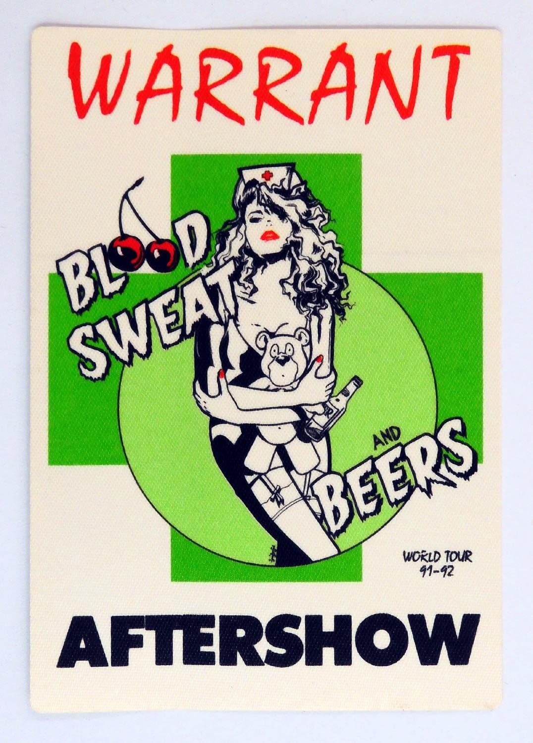 Warrant 'Blood Sweat and Beers World Tour 91-92 Aftershow Green' Backstage Pass