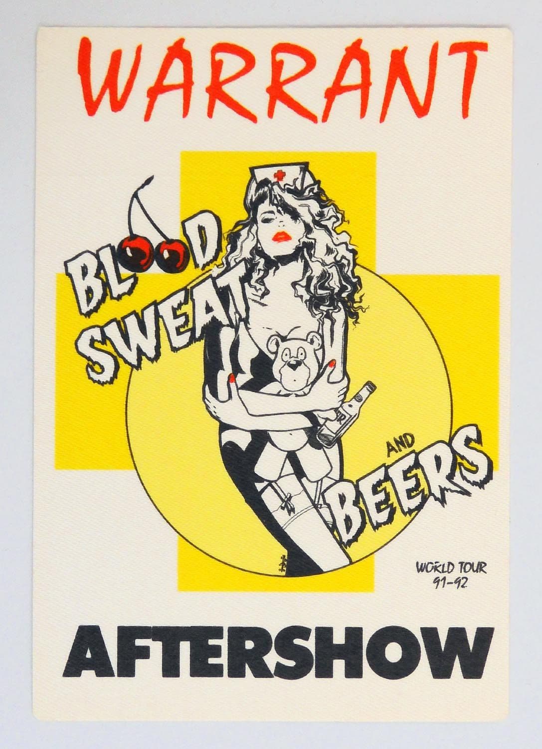 Warrant 'Blood Sweat and Beers World Tour 91-92 Aftershow Yellow' Backstage Pass